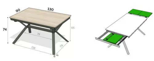 Medidas interiores y exteriores de la mesa extensible modelo X de dos alas de 130 cm