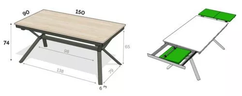 Medidas interiores y exteriores de la mesa extensible modelo X de dos alas de 150 cm