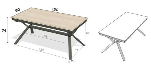 Medidas interiores y exteriores de la mesa fija modelo X de 150 cm