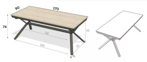 Medidas interiores y exteriores de la mesa fija modelo X de 170 cm