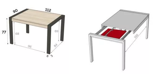 Medidas interiores y exteriores de la mesa de comedor modelo T de 112 cm