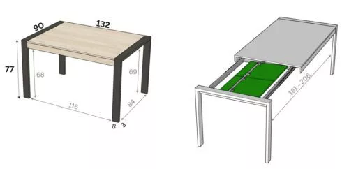 Medidas interiores y exteriores de la mesa de comedor modelo T de 132 cm