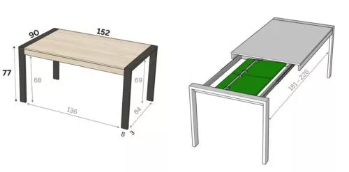 Medidas interiores y exteriores de la mesa de comedor modelo T de 152 cm