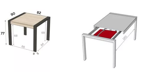 Medidas interiores y exteriores de la mesa de comedor modelo T de 82 cm