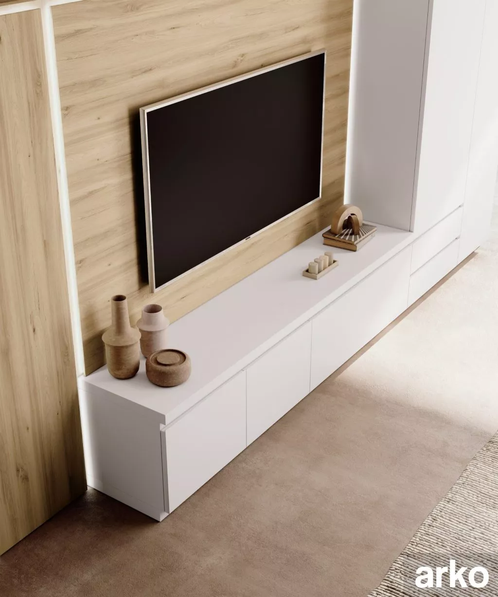 Detalle del mueble blanco luminoso con panel TV